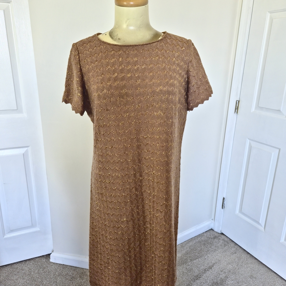 Vintage Brown Textured Knit Dress with Gold Detail | Scalloped Sleeve Midi